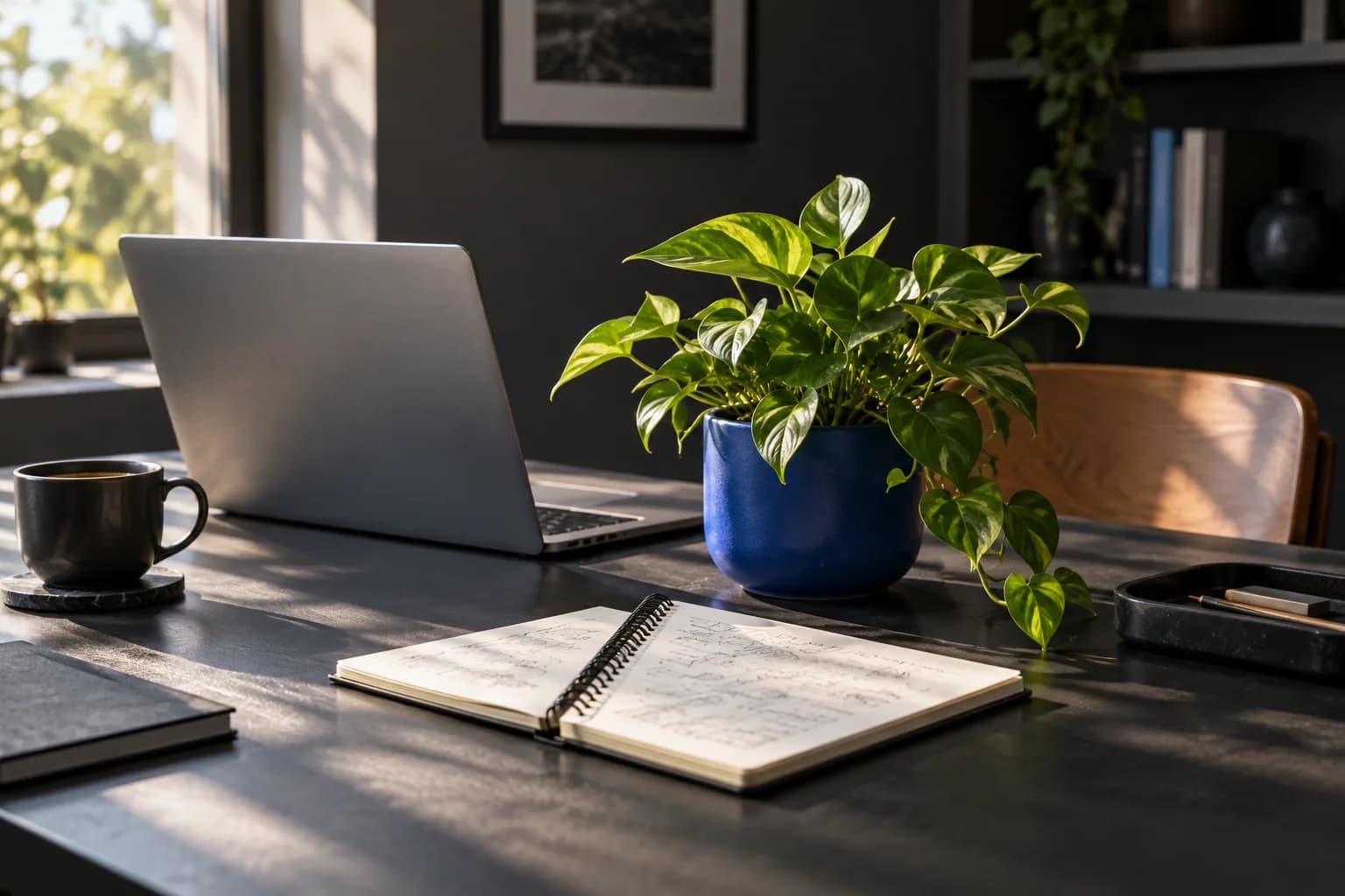 Planta em um vaso azul ao lado de um notebook e um caderno de planejamento